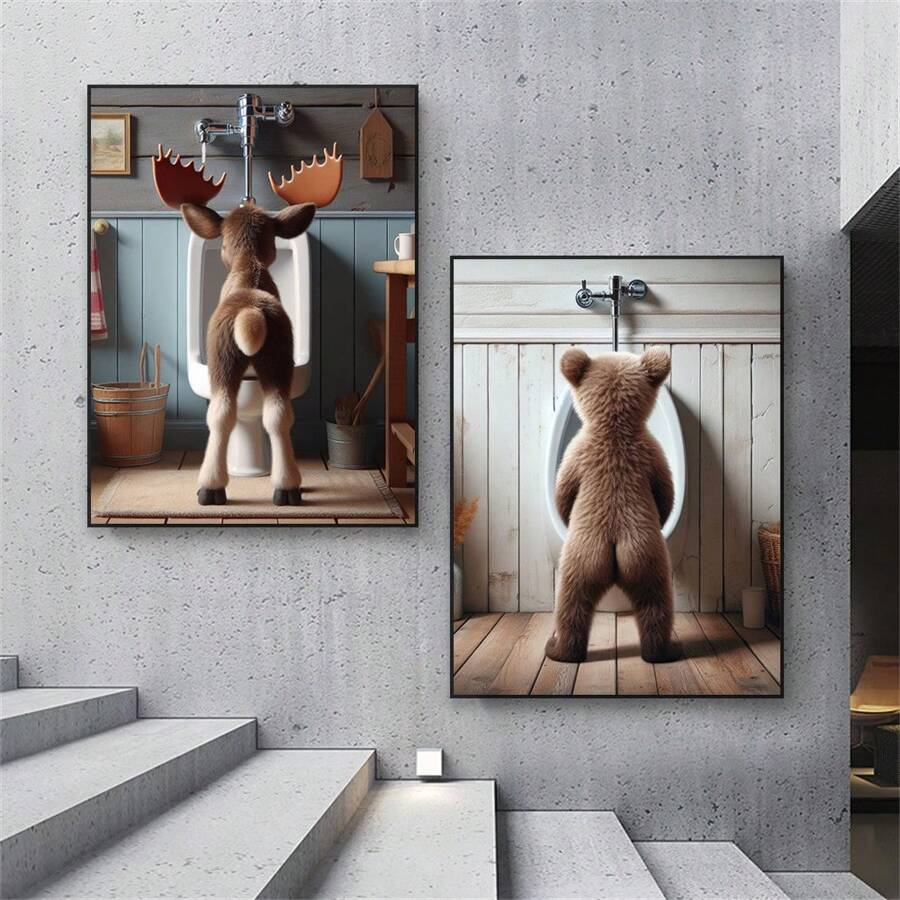 1 件驼鹿和熊浴室墙壁艺术海报有趣的野生动物厕所卡通印刷品动物帆布画卧室厕所装饰无框 - 彩色 - 查看 1