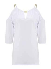 Womens Casual Half Sleeve T-shirt Fashion Solid Color Off-shoulder V-neck Pullover Tops - Blanco - Ver 1