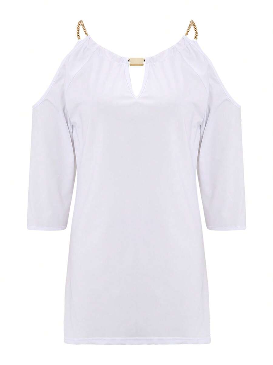 Womens Casual Half Sleeve T-shirt Fashion Solid Color Off-shoulder V-neck Pullover Tops - Blanco - Ver 1