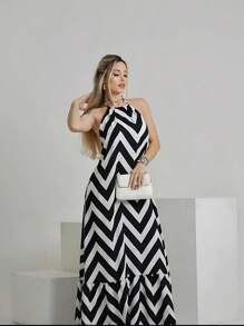 Long Zig Zag Striped Halter Dress. - Black and White - View 2