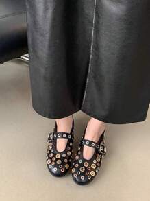 Ballet Flats For Women Mesh Metallic Eyelet Mary Jane Flats Perforated Buckle Strap Ballerina Flat Shoes - 黑色 - 查看 1