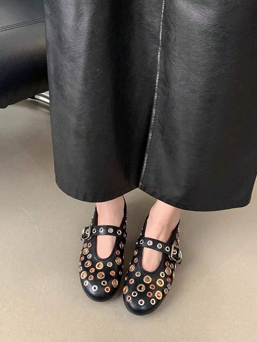 Ballet Flats For Women Mesh Metallic Eyelet Mary Jane Flats Perforated Buckle Strap Ballerina Flat Shoes - 黑色 - 查看 1