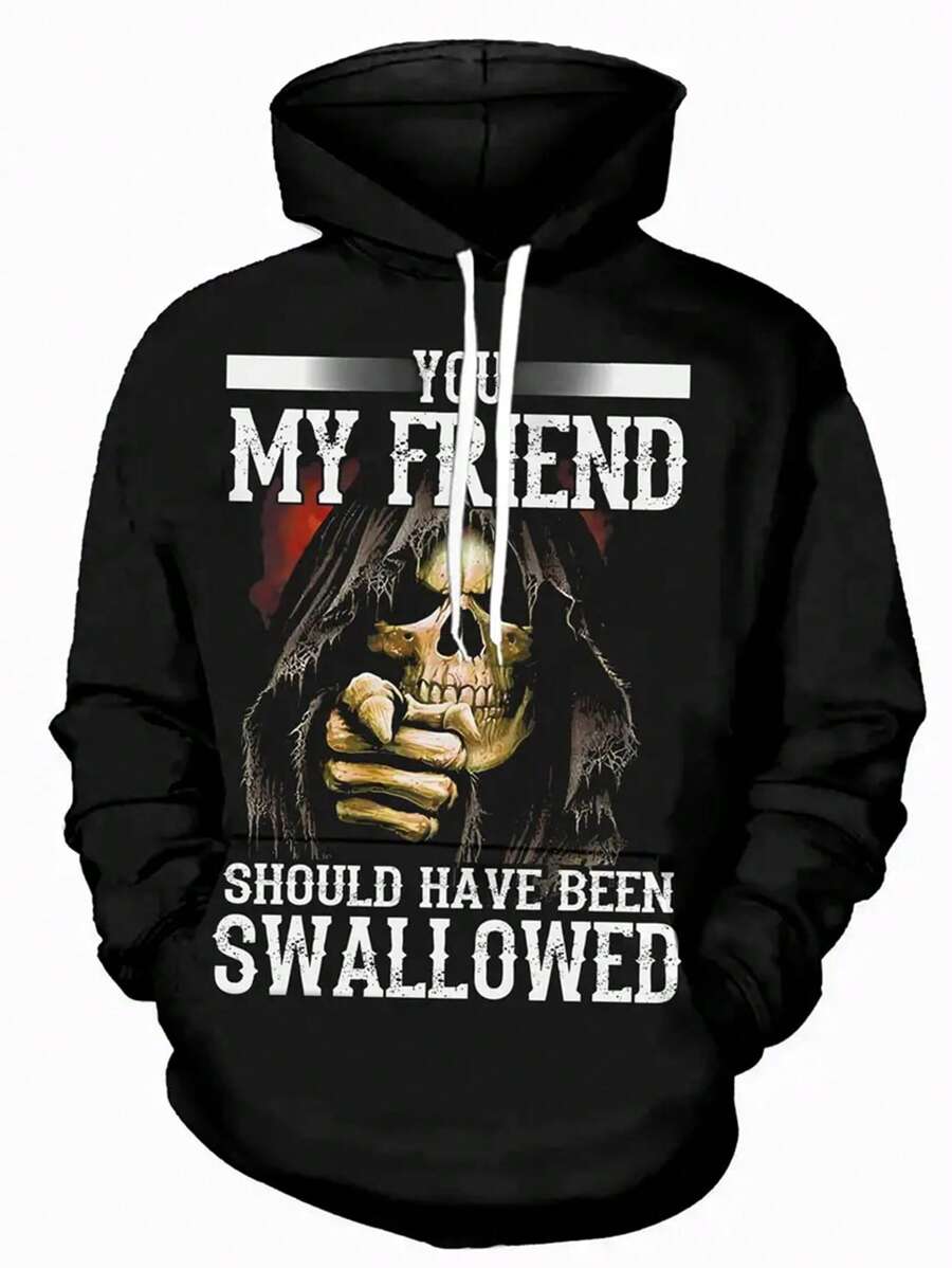 男士长袖 3D 骷髅图案印花连帽衫休闲袋鼠口袋运动衫，适合户外运动 - 黑色 - 查看 1