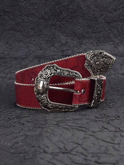 波西米亚风雕花扣红色真皮腰带，复古纯色压纹PU腰带，朋克风，可搭配裤子、裙子、外套、毛衣，充满西部风情，适合街头、派对、大码、万圣节、圣诞节等场合。