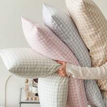 1 vỏ gối, phong cách tối giản, kích thước đơn - Lưới nhỏ màu xanh nhạt - Xem 4