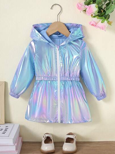 Bebê Menina Leve Capuz Cintura Cintura Corta-vento, Multi-Color Iridescent Primavera Leve Jaqueta