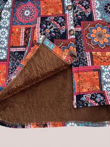 女士复古宽松花卉印花连帽外套，保暖内衬，休闲