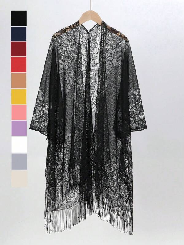 1pc Solid Color Lace Hollow Out Tasseled Scarf Women Fashion Shawl Wrap Lightweight Valentine's Day Valentines