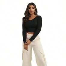 Josiane Women's Ribbed Long Sleeve Cropped Top - 黑色 - 查看 2