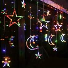 Luces de cadena con estrellas y lunas, operadas con batería con control remoto, luces de cortina LED, guirnalda solar, luces LED con estrellas y lunas, para decoración de Ramadán, dormitorio, boda nórdica, fiesta, jardín, camping, patio, decoración navideña, interior y exterior, decoración del hogar, decoración de fiestas, decoración de vacaciones, regalo de Navidad, adornos del árbol de Navidad