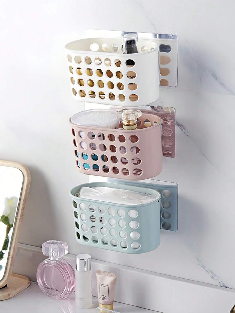 White Hollow Small Hanging Basket Seamless Bathroom Suction Cup Rack - Wall-Mounted Storage Rack - Kitchen Toilet Bathroom Punch-Free Wall-Mounted Drain Storage Rack - Strong Seamless Suction Cup Toiletries Storage Rack - Bathroom Washbasin Wall Corner Shelf Home Bathroom Decor Bathroom Organizer Summer