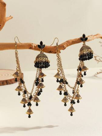 1set Vintage Earrings, Detachable Hollow Multi-Color Ear Rings With Colorful Bells & Tassels, 4-In-1 Long Chain Jewelry Set, Suitable For Women's Daily/Festival/Wedding/Party Wear/Bridal Accessories