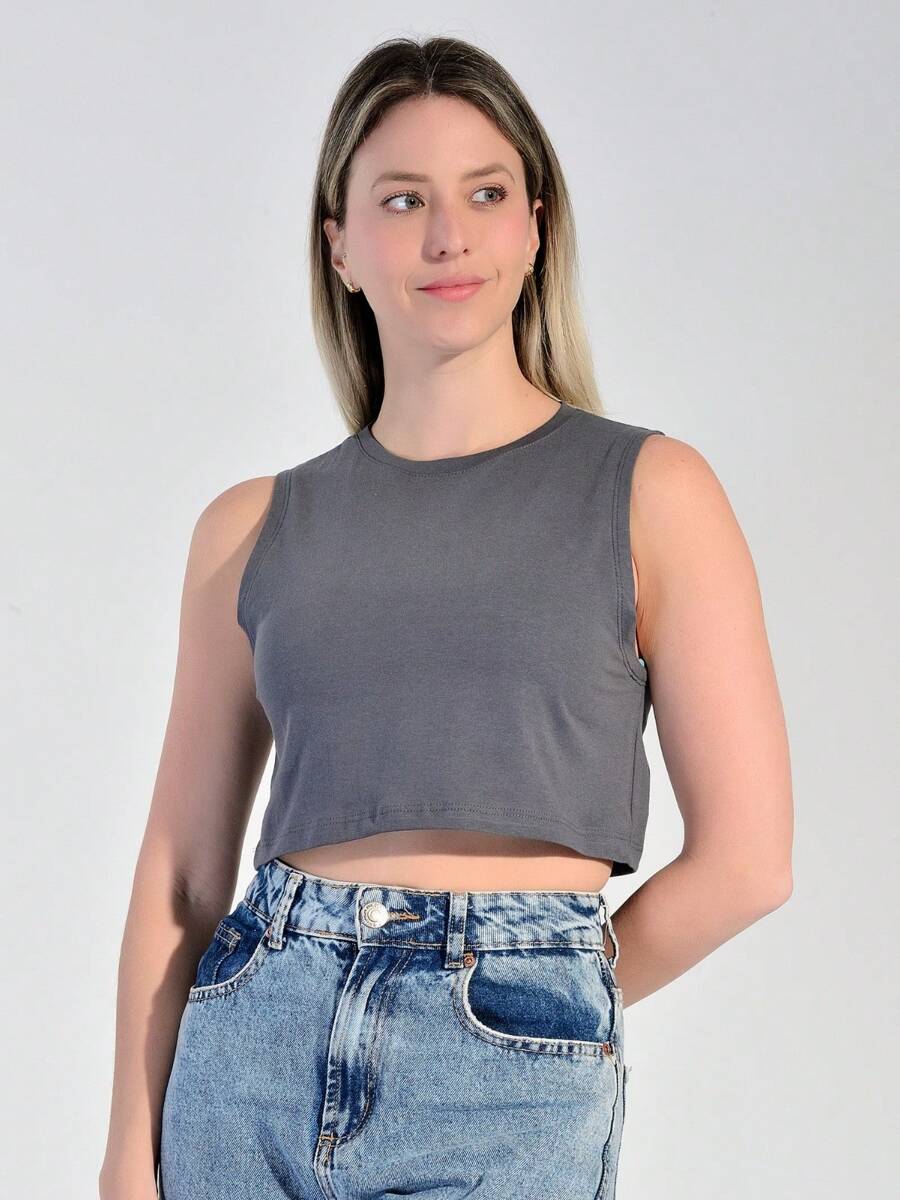 WOMEN'S CROPPED TANK TOP 100% COTTON - 深灰色 - 查看 1