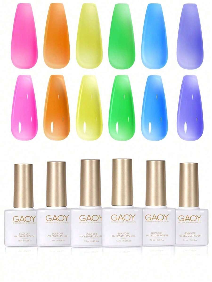 GAOY 6PCS LED Gel Nail Polish Set - Neutral, Pink, Brown Skin Tones For DIY Manicure - Nail Art Salon Home Starter Kit - Ideal Gift For Women - Nude Pink, Summer Glitter, Peaches, Spring And All Seasons - Soak Off Manicure, Perfect For All Skin Tones - 綠色 - 查看 1