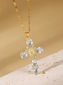 1pc Vintage Virgin Mary Cross Pendant Necklace, Artificial Crystal Pendant, Rhinestone Decor Necklace, Religious Theme Jewelry, Suitable For Party Wear And Gift - White - View 1