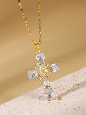 1pc Vintage Virgin Mary Cross Pendant Necklace, Artificial Crystal Pendant, Rhinestone Decor Necklace, Religious Theme Jewelry, Suitable For Party Wear And Gift