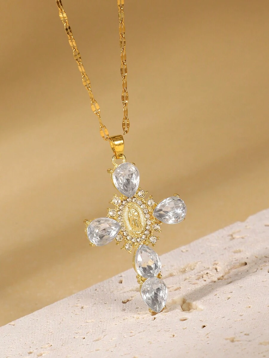 1pc Retro Virgin Mary Cross Pendant Necklace Jewelry, Artificial