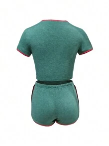Women's 2 Pieces Sports Tracksuit Set, Short Sleeve Round Neck Top + High Waist Short Pants Sets - Green - View 10
