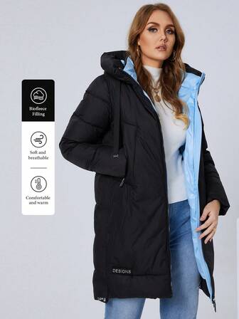 HaiLuoZi Plus Size Zip Pocket Drawstring Hooded Puff Padded Coat