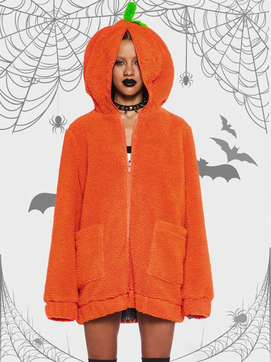 Women Fashion Casual Y2K Patchwork Pumpkin Head Contrast Color Hoodie Jacket, Suitable For Halloween - Orange - View 1