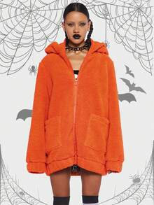 Women Fashion Casual Y2K Patchwork Pumpkin Head Contrast Color Hoodie Jacket, Suitable For Halloween - Orange - View 4