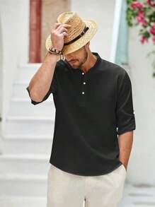 Men's Long Sleeve Stand Collar Half Open Loose Casual Beach Seaside Waffle Shirt - 黑色 - 查看 4