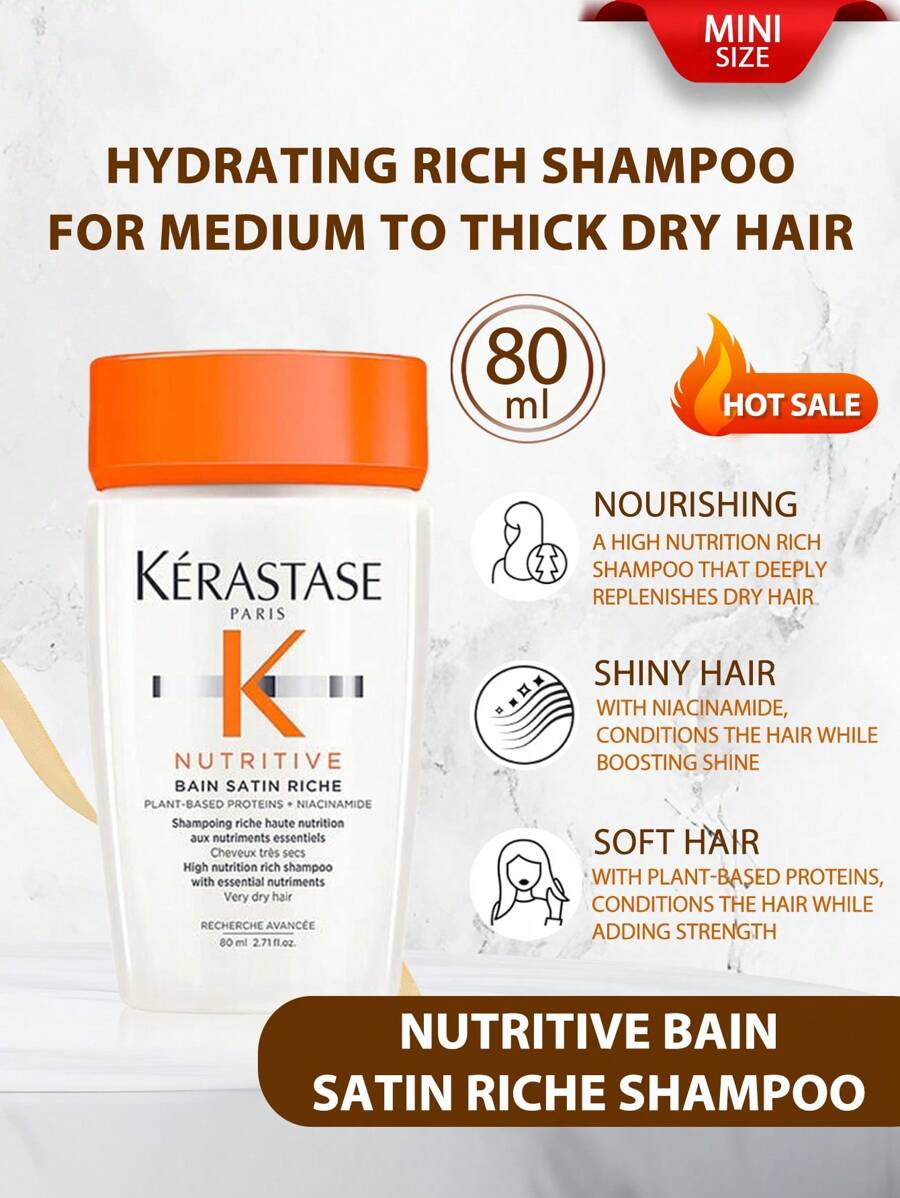 Kérastase Champú Kerastase [Mini] Nutritive Bain Satin Riche 80ml | Champú hidratante para cabello de medio a grueso y seco. | Un champú rico en nutrición que limpia y repone profundamente el cabello seco a muy seco. Formulado con proteínas vegetales y niacinamida, esta fórmula nutritiva desenreda y acondición el cabello mientras le aporta fuerza y brillo.
