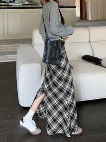 High Waist Slit Plaid Casual Vacation Skirt