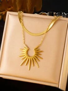 1pc Vintage Stainless Steel Double Layer Sunflower Dramatic Choker Necklace For Women, Suitable For Daily Wear - Yellow Gold - View 13