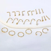 金色不锈钢鼻环 L 型鼻钉 螺纹鼻环 骨形银色套装 男女通用 20G 鼻环鼻钉 10-36 个装 - 銀色 24個鼻釘鼻環套裝 - 查看 5