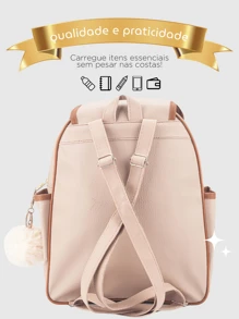 Women's Backpack School College Back Bag + Pom Pom Keychain - Màu be - Xem 4