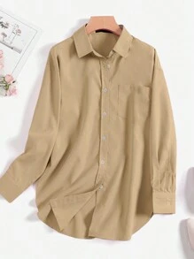 ZANZEA Women Long Sleeve Collared Button Down Shirt Solid Curved Hem Tops Casual Loose Blouse - Màu Khaki - Xem 6