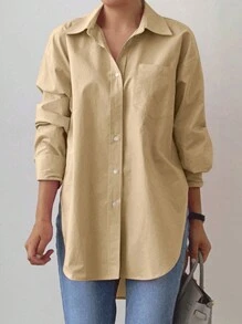 ZANZEA Women Long Sleeve Collared Button Down Shirt Solid Curved Hem Tops Casual Loose Blouse - Màu Khaki - Xem 3
