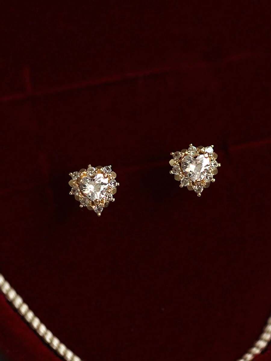 1对S925纯银立方氧化锆心形耳钉，甜美优雅的珠宝礼物，适合女性、学生、情侣、节日和周年纪念日佩戴 - 心形 - 查看 1