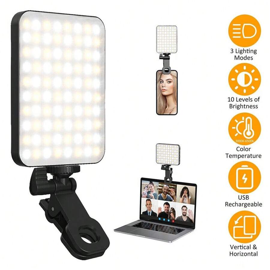 Selfie Light 80 LED Portable Clip For Phone Fill Light Rechargeable 2200mAh Clip On Light, 3 Light Modes Camera Lighting For Phone, Webcam, Photo, Makeup - màu đen - Xem 1