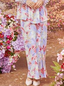 Quần áo Mã Lai Baju Kurung cho phụ nữ, cổ tròn, in toàn thân, thanh lịch, áo dài tay và váy, phù hợp cho trang phục thường ngày và thanh lịch - Màu tím - Xem 4