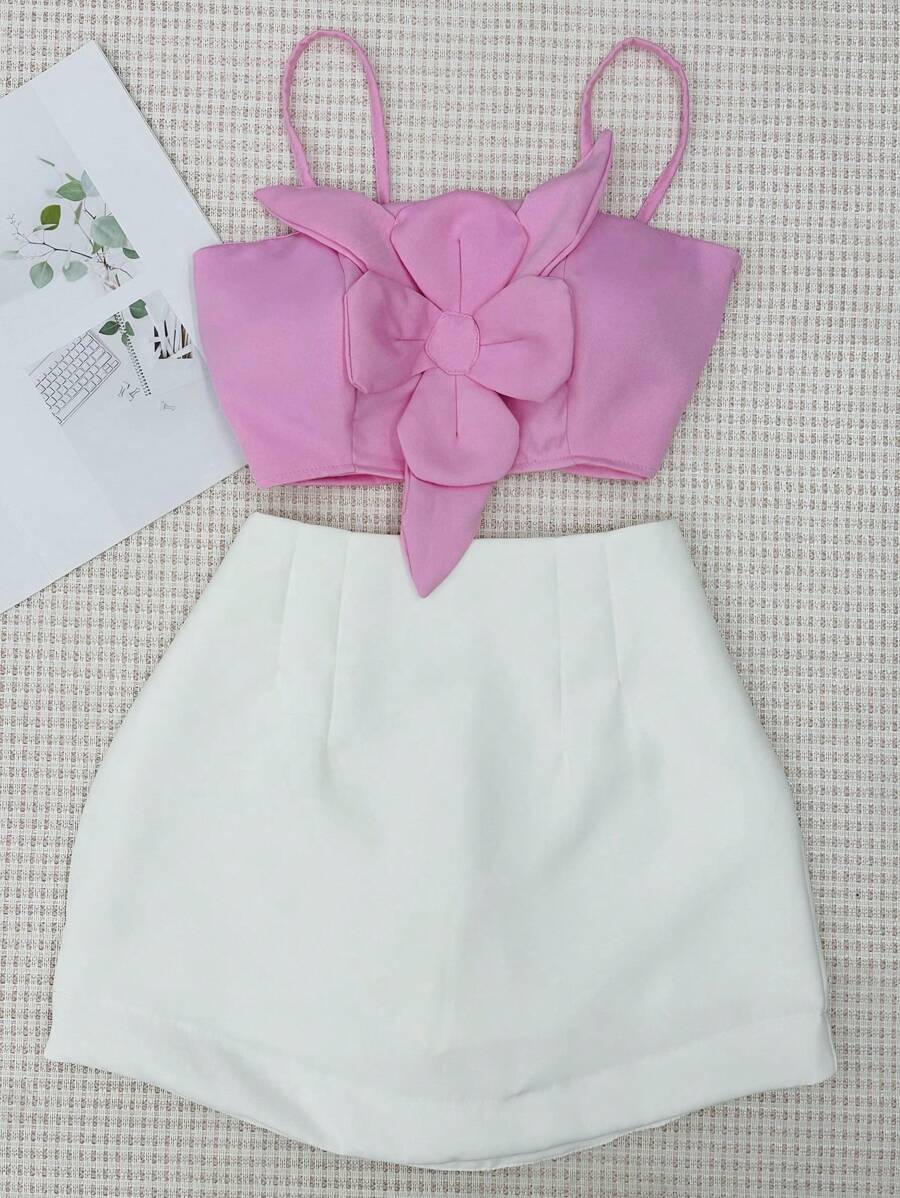 Tailored Set Of Cropped Top With Cups + Skirt With Shorts - 嬰兒粉紅色配白色 - 查看 1