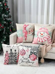 Pink Plaid Christmas Tree & Snowman & Old Man