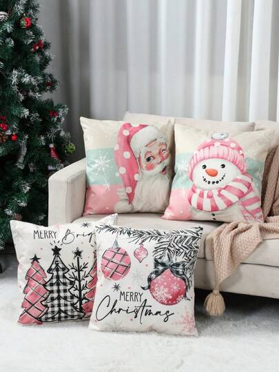 4 件 45*45 厘米圣诞装饰枕套，厚亚麻方形靠垫套，粉色雪人圣诞老人圣诞树风格枕套，适用于圣诞派对家居房间沙发椅装饰圣诞节装饰品，不含枕芯，圣诞礼物，圣诞装饰，圣诞装饰