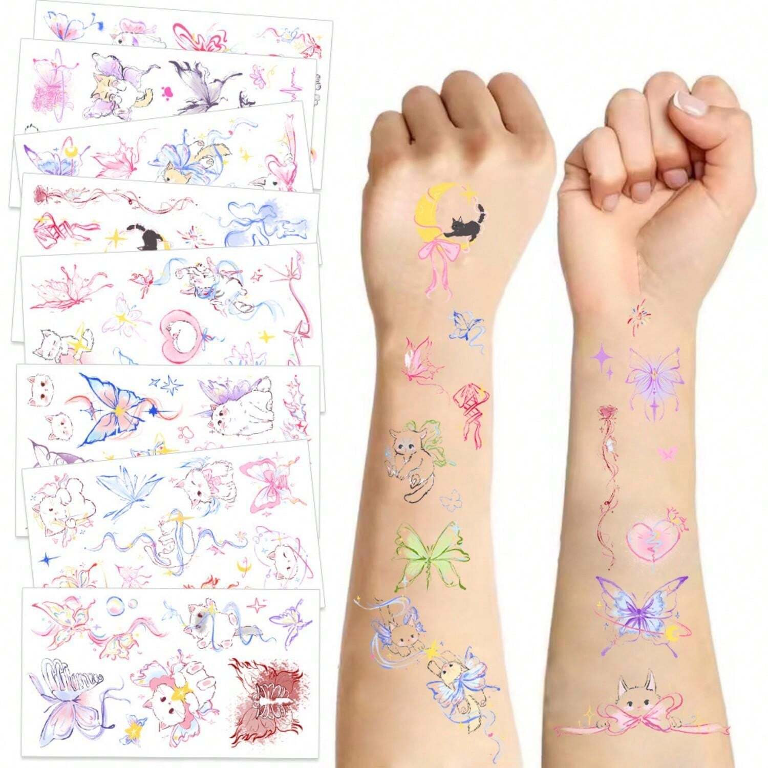 10pcs Cute Butterfly & Cat Pattern Temporary Tattoos, Suitable For