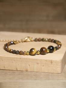 gxtbw Pulsera de curación de estilo bohemio simple con piedras naturales | Piedra de Dong Ling verde y piedra de ojo de tigre con cuentas redondas combinadas con diseño facetado | Pulsera hecha a mano con cierre de langosta ajustable de acero inoxidable y encanto de metal | Regalo de aniversario y regalo de cumpleaños