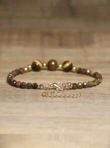 gxtbw Pulsera de curación de estilo bohemio simple con piedras naturales | Piedra de Dong Ling verde y piedra de ojo de tigre con cuentas redondas combinadas con diseño facetado | Pulsera hecha a mano con cierre de langosta ajustable de acero inoxidable y encanto de metal | Regalo de aniversario y regalo de cumpleaños