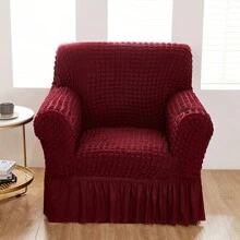 1pc High Elasticity Bubble Chiffon Sofa Cover With Skirt Style, Four Seasons General Bubble Grid Sofa Cover, Pet-Proof, Easy To Install Sofa Protector - Burgundy - View 13