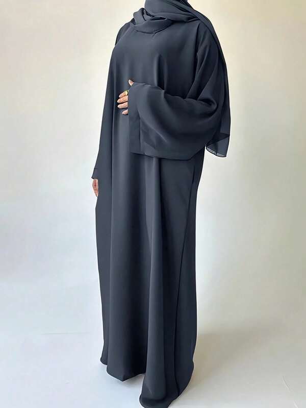 Vestido feminino cor sólida gola redonda manga comprida solto longo árabe modesto