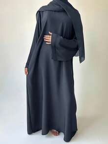 女士纯色圆领长袖宽松长款阿拉伯朴素连衣裙 - 藍色 - 查看 4