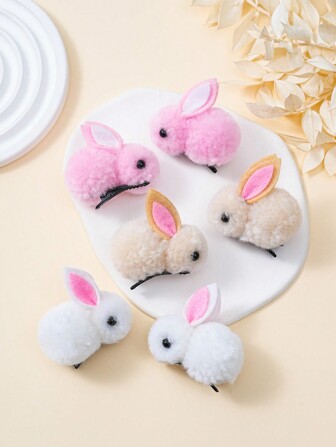 6PCS Cute Plush Three-Dimensional Rabbit Hairpin, Solid Color Cartoon Fun Hair Accessories Clip, Suitable For Little Girls Decorative Hair