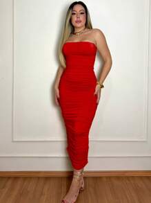 Women's Sexy Elegant Strapless Midi Dress - 紅色 - 查看 1