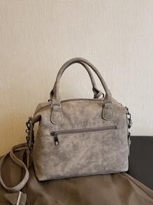 新款复古PU皮女士手提包，时尚拉链单肩包，配可拆卸肩带，女士工作旅行二合一包，灰色、黑色、绿色