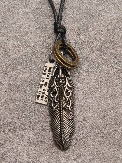 1pc Vintage Alloy Long Necklace For Men With 2 Rings And Feather Pendant, Featuring Letter Carved Design, Black , Great Valentine's Day Gift,Mom,Mother,Mother's Day,Gift