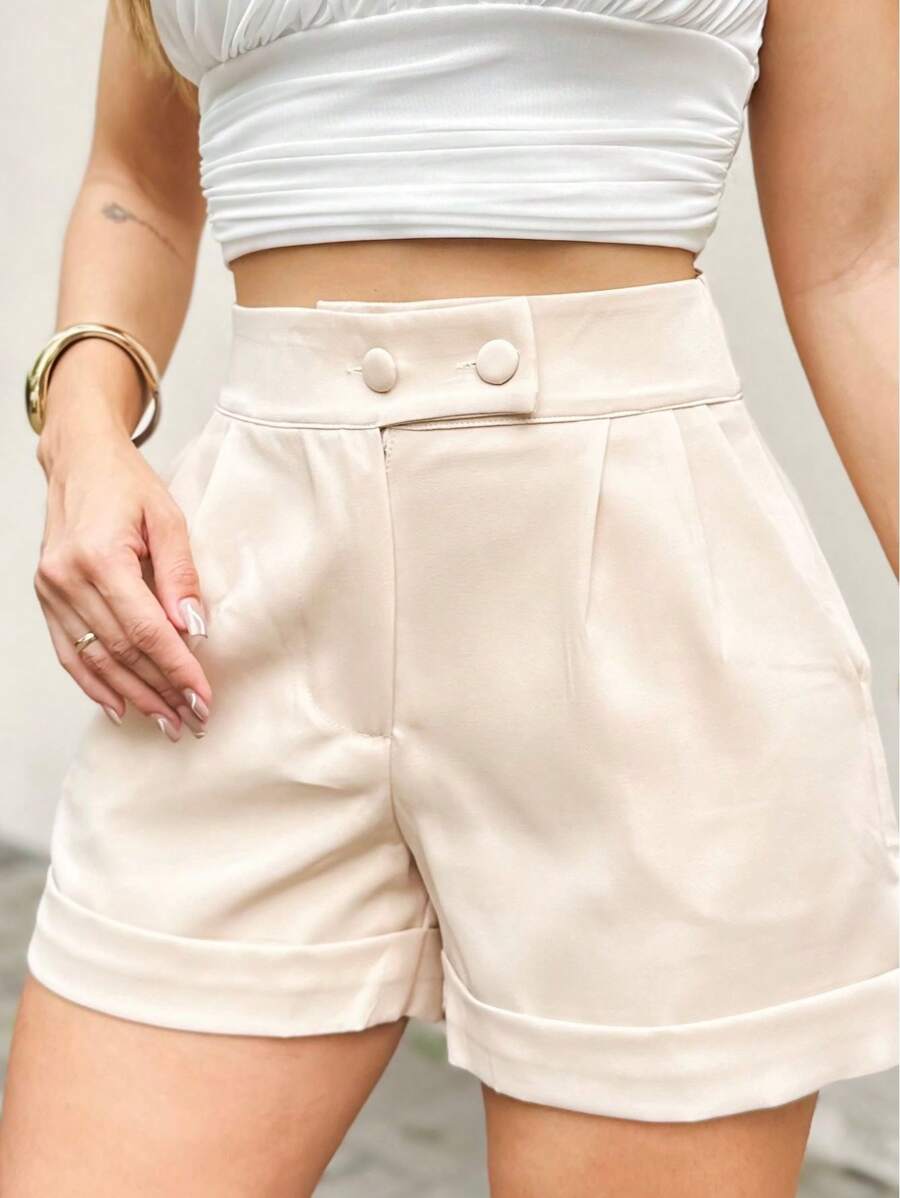 EMILI LULU RUNS4 Shorts Italian Hem Crepe Tailored Women's Two-Button Waistband Elegant - 米色 - 查看 1